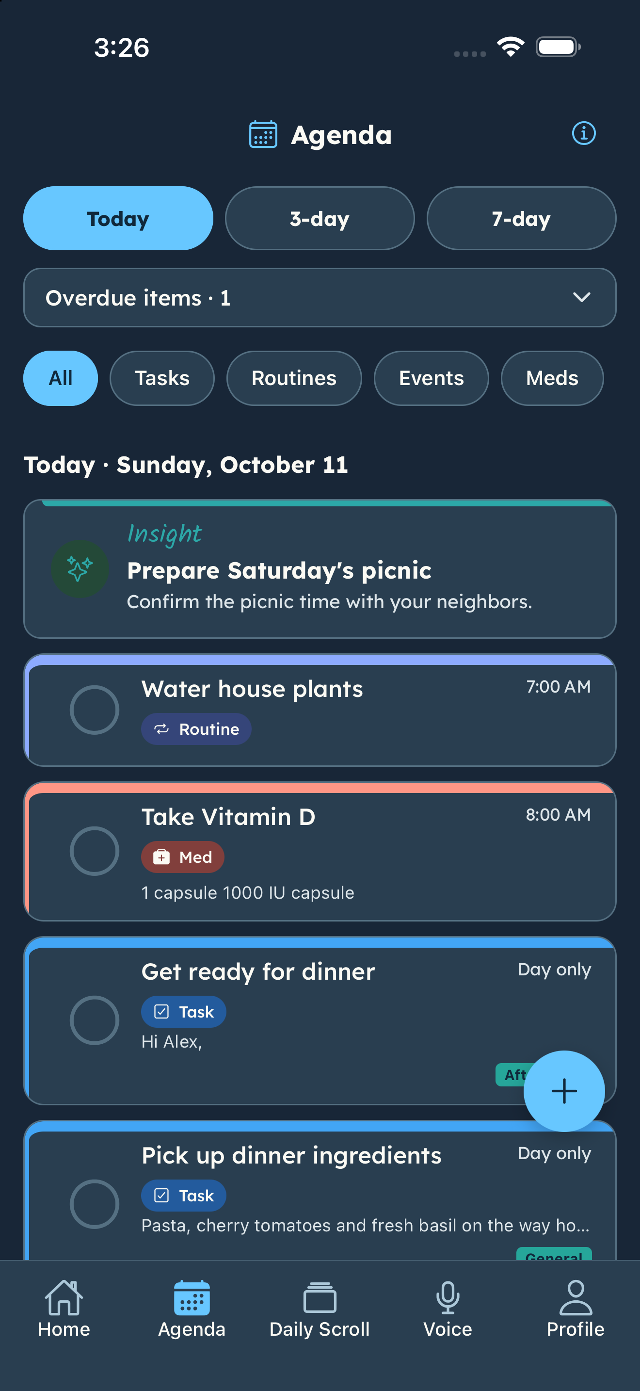 Agenda brings scheduled routines, medication and tasks into one view.